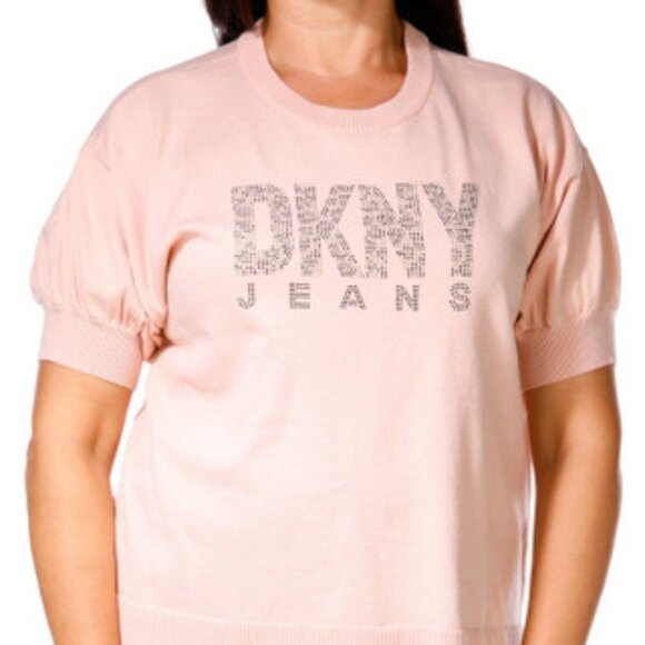 DKNY Short Sleeve Beaded Logo Sweater Top, SIZE MEDIUM, Pink - Picture 2 of 11